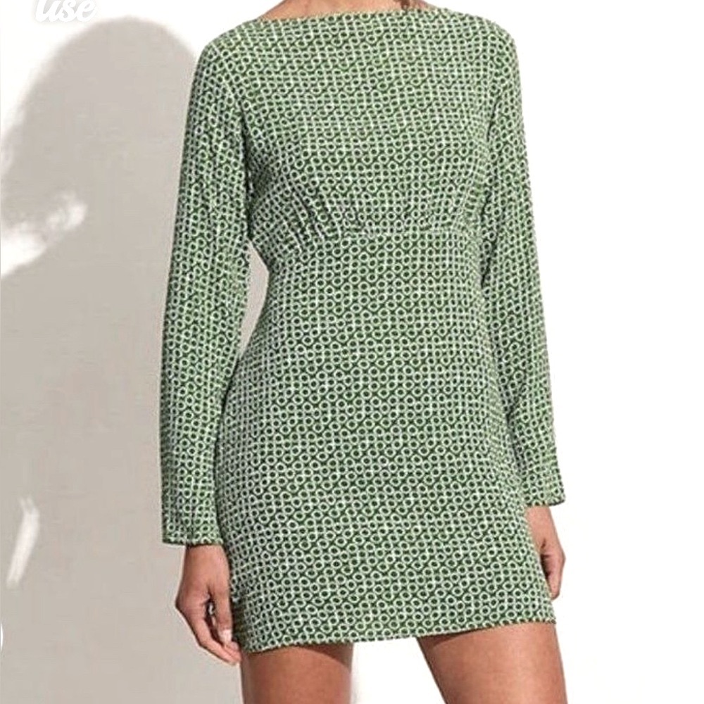 Faithfull the Brand Yves Mini Dress Green Geometric Long Sleeve NWT. Size Small